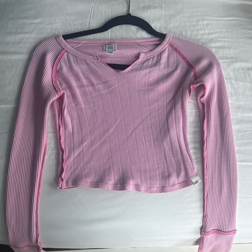BDG Pink Ribbed Long Sleeve Crop Top